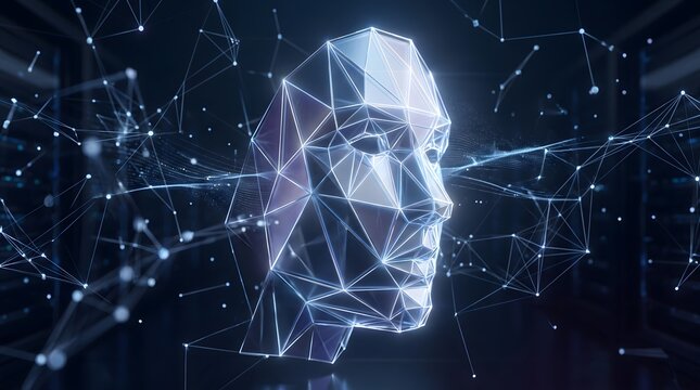 Artificial Intelligence Abstract Polygonal Human Face. Digital AI Technology Hologram Network. Futuristic Cyberpunk Visage. Geometric Innovation.