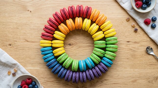 Colorful rainbow macaron cookies arranged in a circle on a wooden table