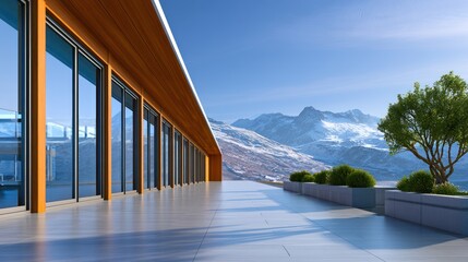 Obraz premium Modern building with glass facade overlooking snow-capped mountains and potted trees