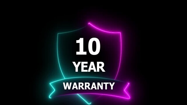 glowing neon 10 Year Warranty Shield Neon Sign, Guarantee Security,Motion graphics of concept black background. animation 4k video