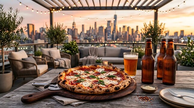 Wood-fired pizza with craft beer on outdoor table