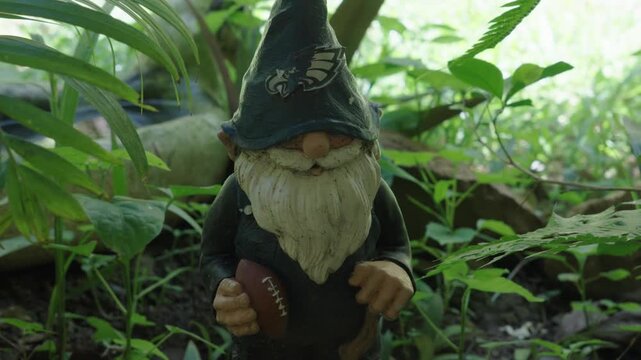 Static close-up shot of a small garden gnome statue wearing a Philadelphia Eagles football cap and holding a football, surrounded by green tropical plants