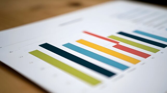 Close up of a colorful horizontal bar chart on printed paper resting on a wooden surface with shallow depth of field