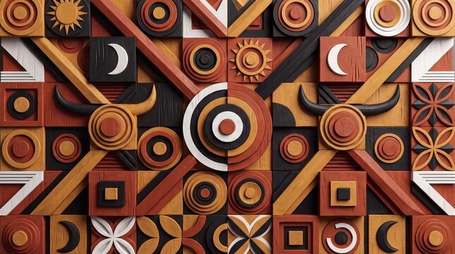 3D Abstract Modern Toraja Wood Carving Wall Relief with Geometric Buffalo Horn Motifs