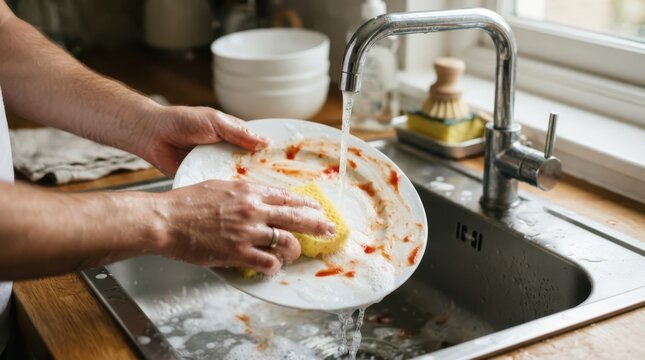 Person washing a dirty plate with a sponge in the kitchen sink