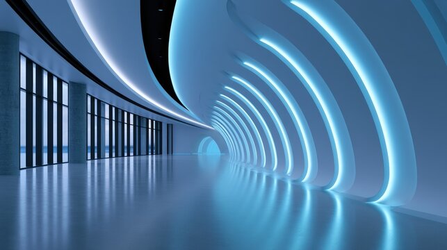 A futuristic corridor featuring glowing blue arcs and large glass windows under a sleek arched design