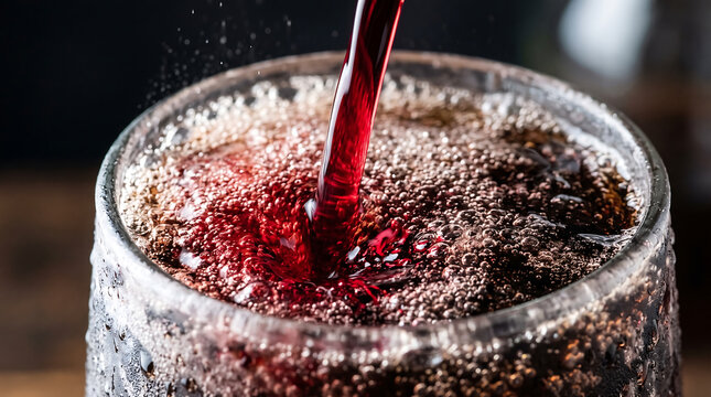 Pouring Effervescent Cherry Cola into Frosty Glass with Sparkling Bubbles Close-Up