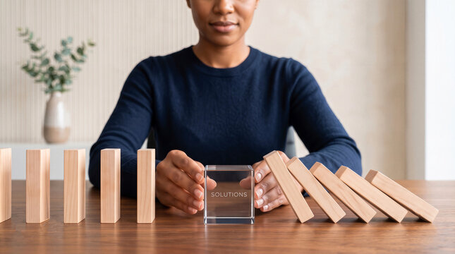 Businesswoman stopping falling wooden dominoes with a glass solutions block, risk management concept