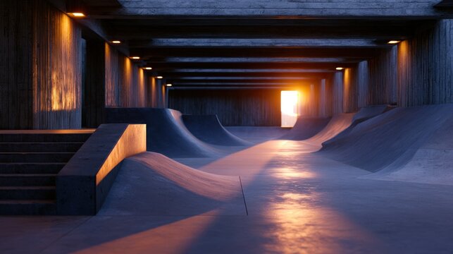 Concrete skatepark interior with sunset light casting long shadows, highlighting ramps and steps