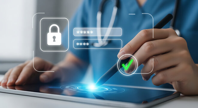 Healthcare professional logging into secure patient data system with stylus and tablet