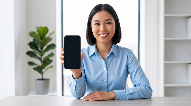 Smiling Asian businesswoman sitting at a modern office desk showing a blank smartphone screen