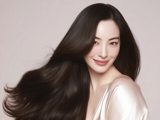 Fototapeta premium Korean woman with glossy black long hair. Female Asian model with radiant light brunette and beautiful hair for hair care, skin care advertisements and hair salon