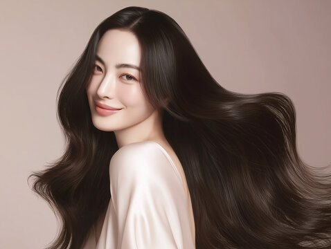 Korean woman with glossy black long hair. Female Asian model with radiant light brunette and beautiful hair for hair care, skin care advertisements and hair salon