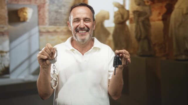 Man holding car keys and handcuffs in both hands smiling in a museum gallery of statues and pedestals; freedom joy.