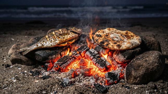 Jesus and the miraculous catch of 153 fish on the Sea of Tiberias after his resurrection, eating breakfast on the shore