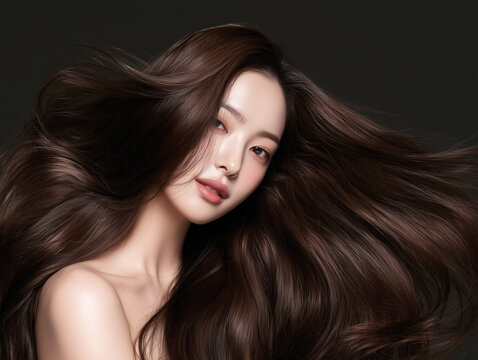 Korean woman with glossy black long hair. Female Asian model with radiant light brunette and beautiful hair for hair care, skin care advertisements and hair salon