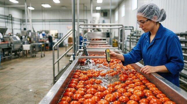 Quality Control Technician Monitoring Fresh Tomato Processing in a Modern Industrial Food Facility