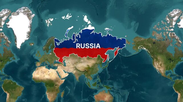 Map of russia with the national flag colors overlaid on a satellite view of the world animation, highlighting its vast territory across eurasia