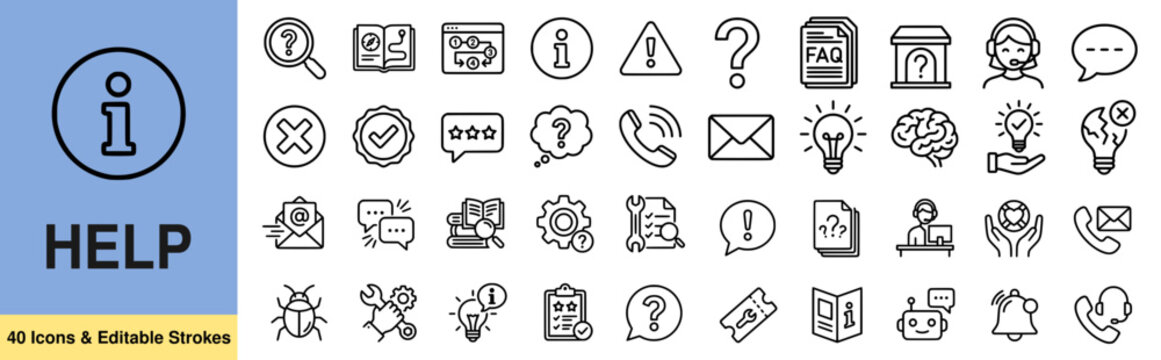 Help, ask question line icon set. FAQ, support, secret info, problem solution, brain, idea, message minimal vector illustrations. Simple outline signs for answer. 48x48 Pixel Perfect. Editable Stroke.