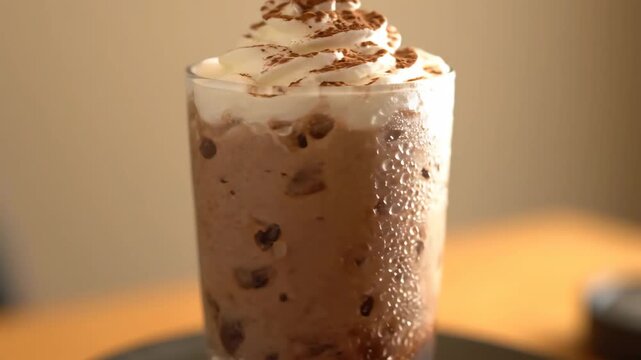 Delicious Iced Chocolate Drink Topped with Whipped Cream and Cocoa Powder in a Tall Glass, Close-up View of Refreshing Summer Mocha Beverage.
