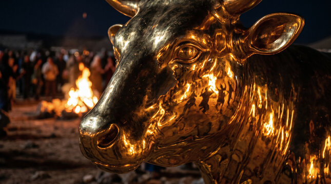 The Israelites wildly dancing and worshipping the massive Golden Calf at the base of Mount Sinai while Moses is away