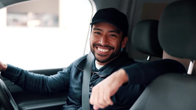 Face, driver and delivery man in van with smile, shipping distribution and pride for ecommerce job. Happy, make person and courier service in car for transport, supply chain and logistics for export.