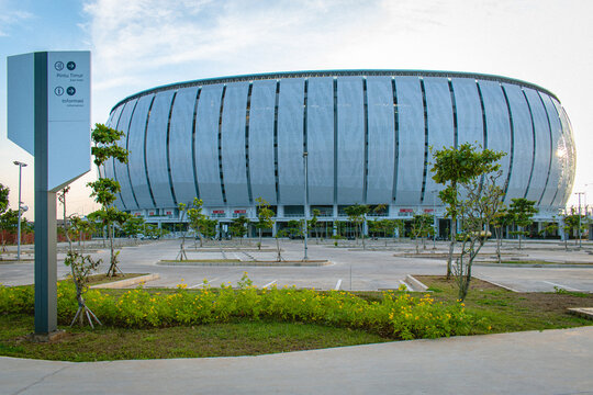 Jakarta, Indonesia - August 6, 2026: Exterior view of Jakarta International Stadium (JIS) with its modern facade under daylight in North Jakarta, Indonesia.