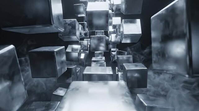 Floating chrome cubes in smoky atmosphere