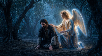 Fototapeta premium An angel appearing from heaven to strengthen Jesus during his intense agony in the Garden of Gethsemane
