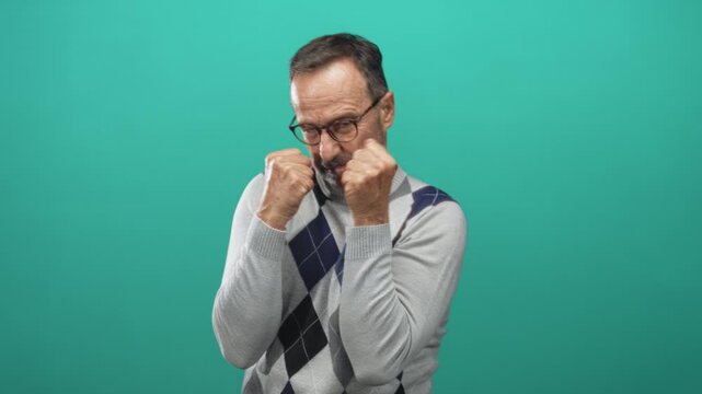 Middle aged man with fists raised in boxing guard, glasses visible, poised to punch against teal backdrop in studio; determination.