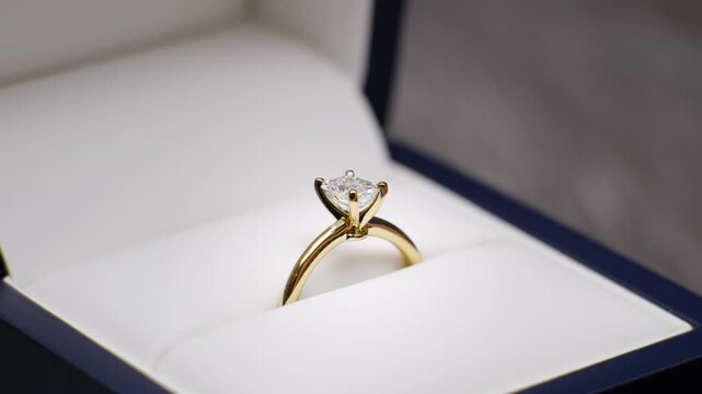 Wedding proposal diamond ring in a box being opened up. Engagement ring revealed. Emerald cut diamond yellow gold knife edge