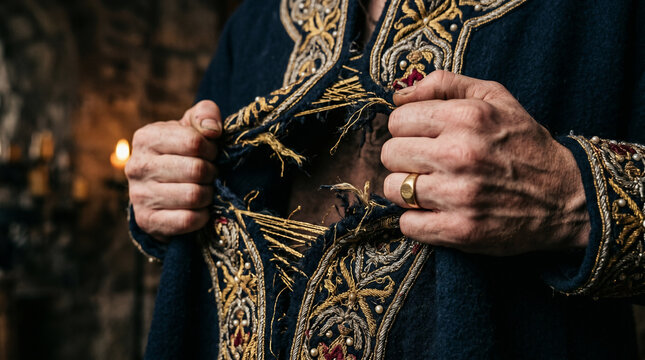 Young King Josiah tearing his robes in grief and repentance after the long-lost Book of the Law is discovered in the temple