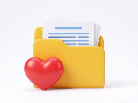 Yellow office folder containing documents with a red heart icon attached documents business