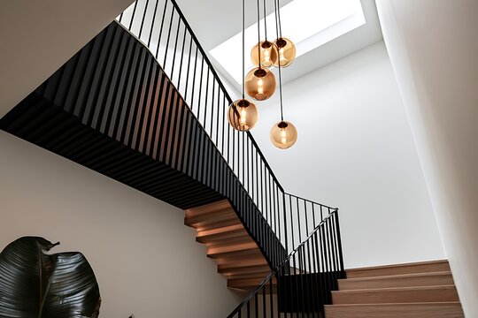 Contemporary staircase with wooden treads and black metal balustrade illuminated by hanging globe pendant lights under a skylight
