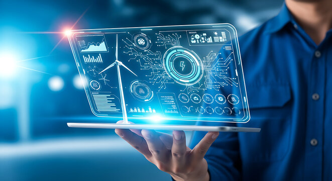 Engineer Analyzing Wind Turbine Data on Futuristic Digital Interface