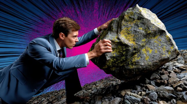 Man in suit struggles pushing a large rock uphill against graphic backdrop