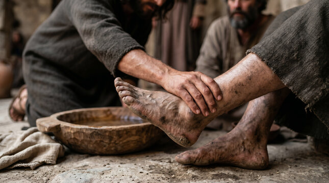Jesus kneeling and washing the feet of a resistant Apostle Peter, setting the ultimate example of servant leadership
