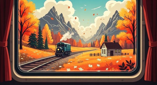 Scenic autumn view through a train window with steam locomotive