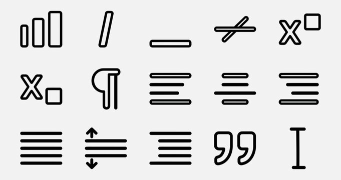 Set of text formatting and document editing icons for word processing software and digital interface design