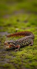 Naklejka premium Spotted newt crawling on green mossy ground