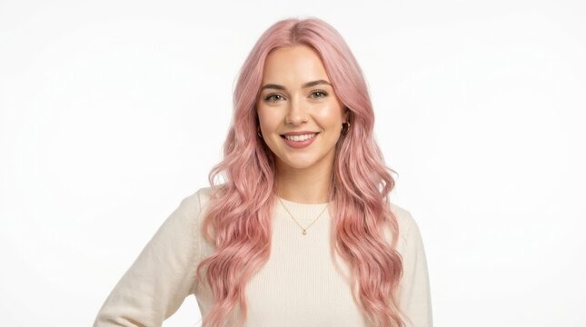 Happy young woman with long pink hair smiling at the camera and wearing a casual white top for a modern portrait isolated on white background