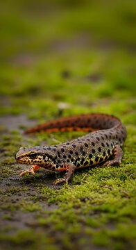 Spotted newt crawling on green mossy ground