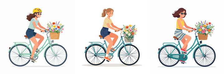 Naklejka premium Flat vector illustration of young women riding vintage bicycles with flower baskets, showcasing a healthy summer outdoor lifestyle concept