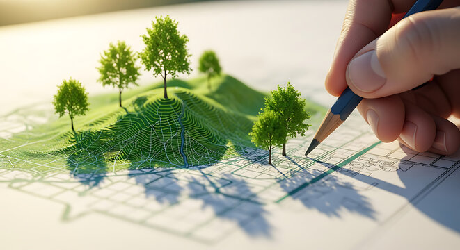 Planning green urban development with miniature trees and blueprint