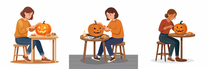 Fototapeta premium Women Carving Jack-o-Lantern Pumpkins for Halloween Celebration Preparation Scenes Collection