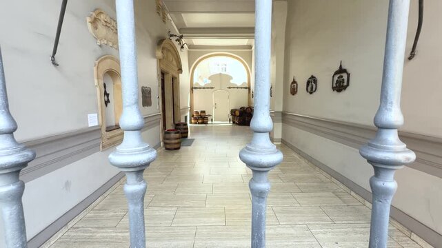 A slow panoramic shot filmed through decorative iron railings reveals a historic entrance hall with light natural stone flooring, plaster walls, elegant archways. Slow left-to-right pan