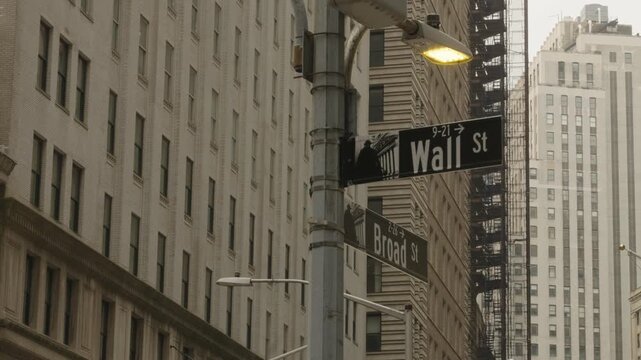 Panning Shot of Wall St and and Broad St Sign with other buildings in the distance and Security Camera