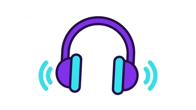 Animated purple headphones icon with cyan sound waves vibrating on a white background