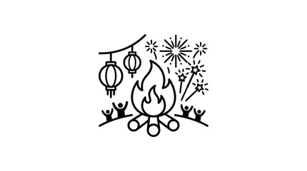 Fototapeta premium Celebration Bonfire with Lanterns and Fireworks - Line Art Icon