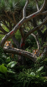 Two tigers hiding in dense tropical jungle foliage